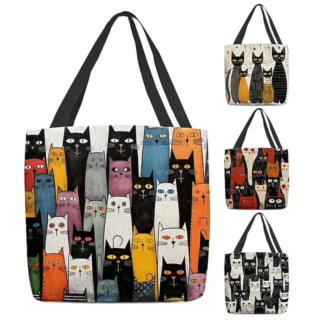 Women's Tote Shoulder Bag Canvas Tote Bag Customize Polyester Shopping Holiday Print Large Capacity Foldable Lightweight Cat Black / White Black / Red Custom Print
