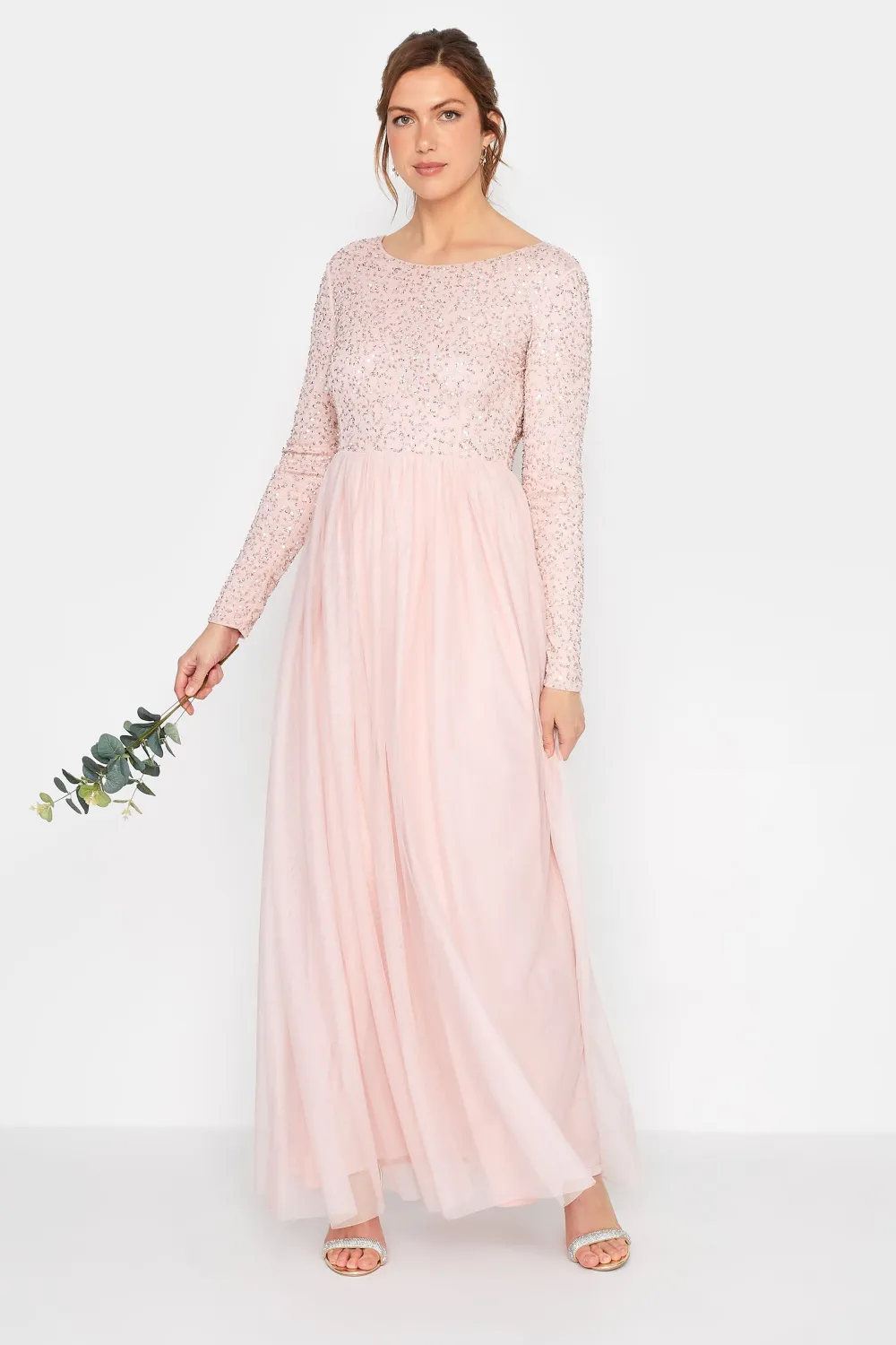 LTS Tall Blush Pink Long Sleeve Sequin Hand Embellished Maxi Dress