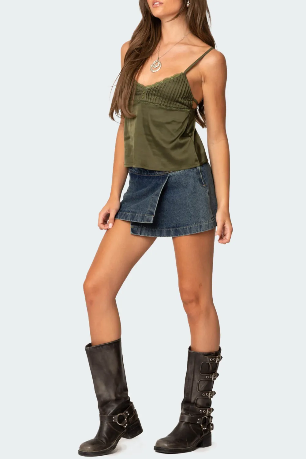 Satin Pleated Lace Trim Tank Top