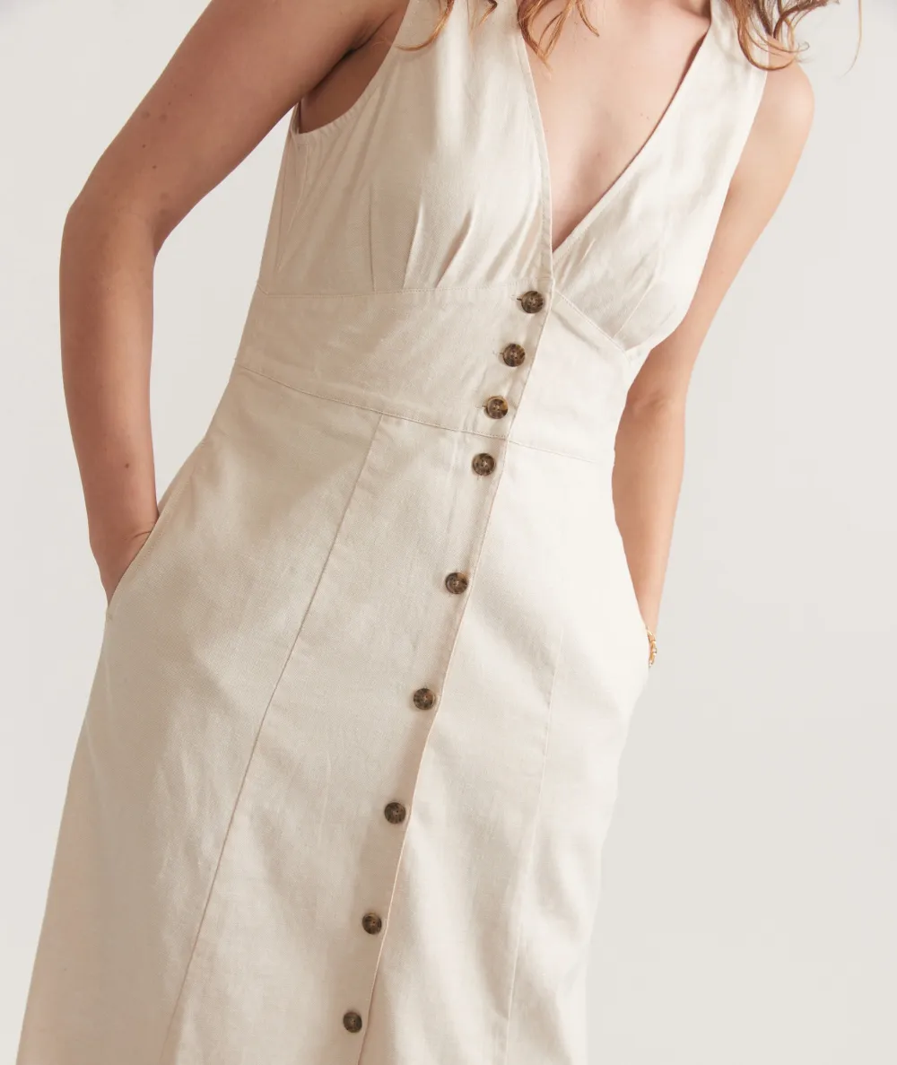 Creamy Buttoned Split-Hem Maxi Dress