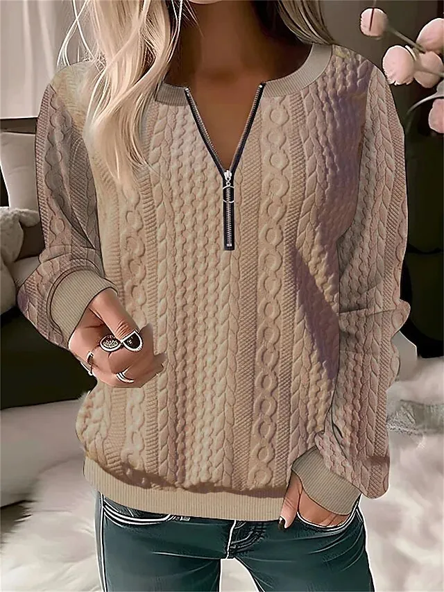 Women's Sweatshirt Pullover Textured Basic Quarter Zip White Pink Green Solid Color Street Casual Round Neck Long Sleeve Top Micro-elastic Fall & Winter