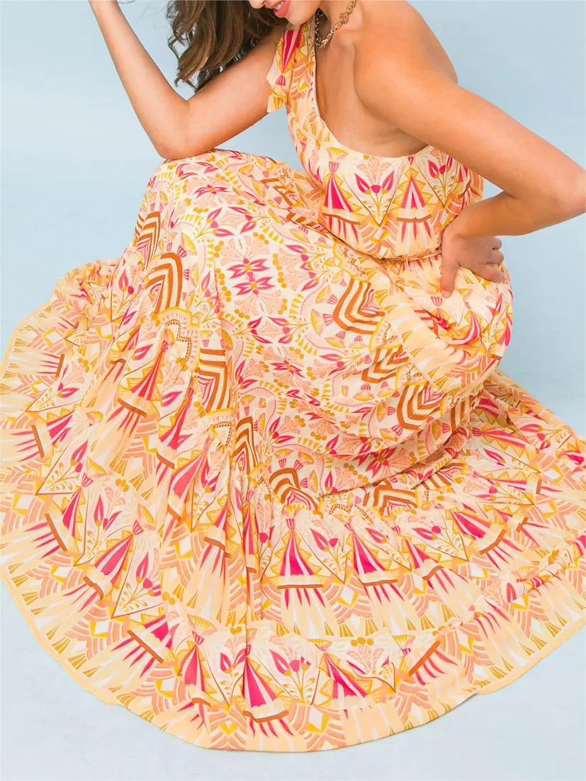 Peach - Colored One - Shoulder Maxi Dress