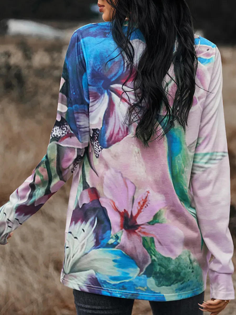 Women Casual Long Sleeves Printed Crew Neck T-shirts