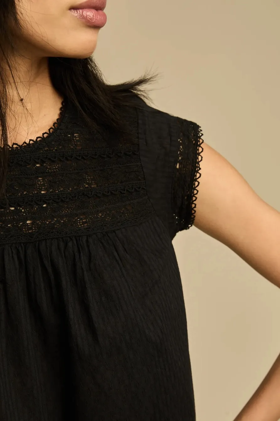 Jet Black Lace Neck Pintuck Shell Top