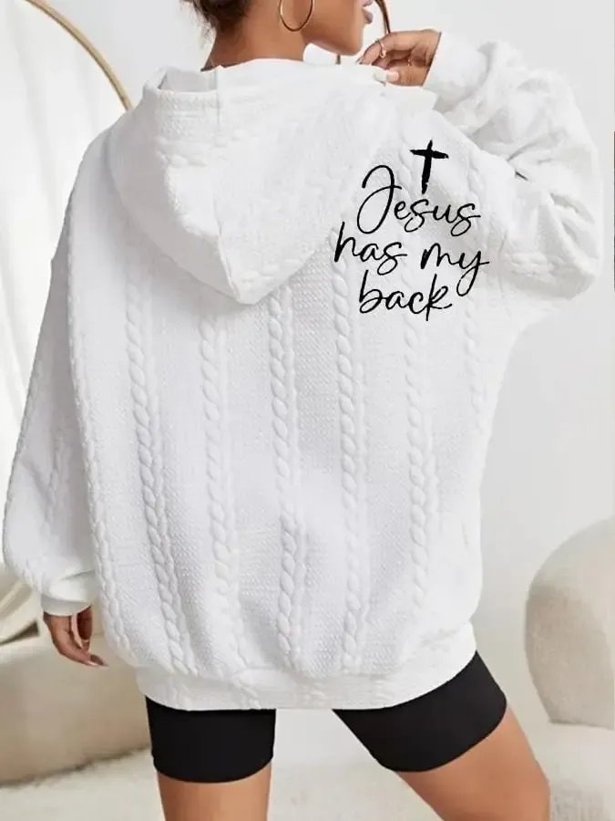 Women's Faith Jesus Has My Back Printed Casual Cable Hoodie