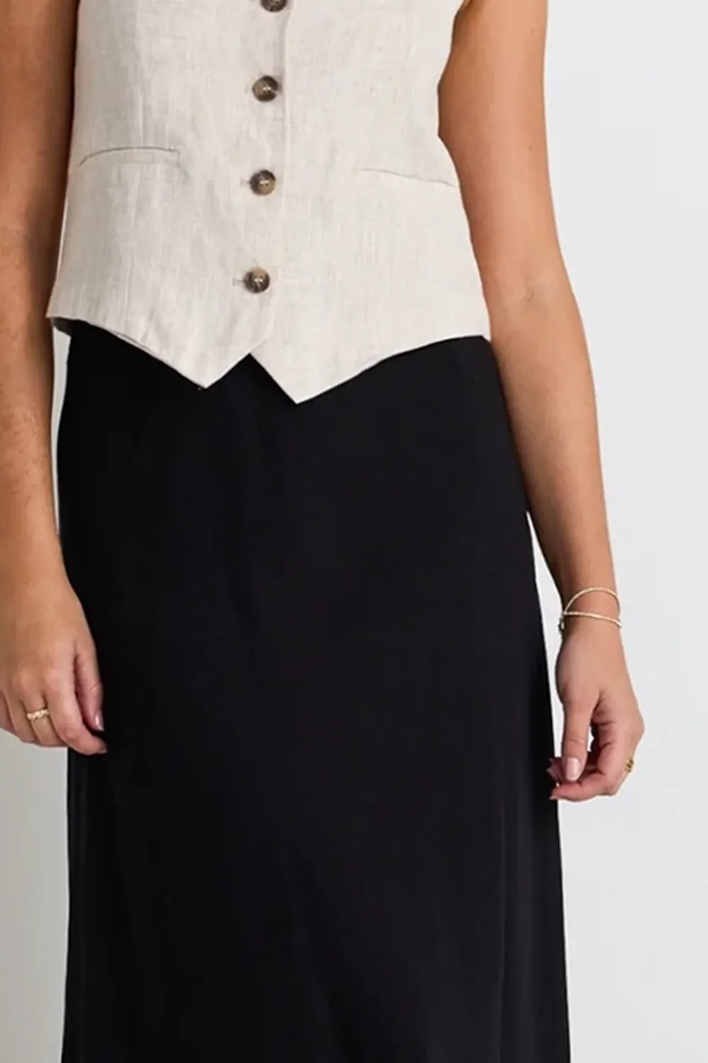Linen Black Floaty Bias Cut Maxi Skirt