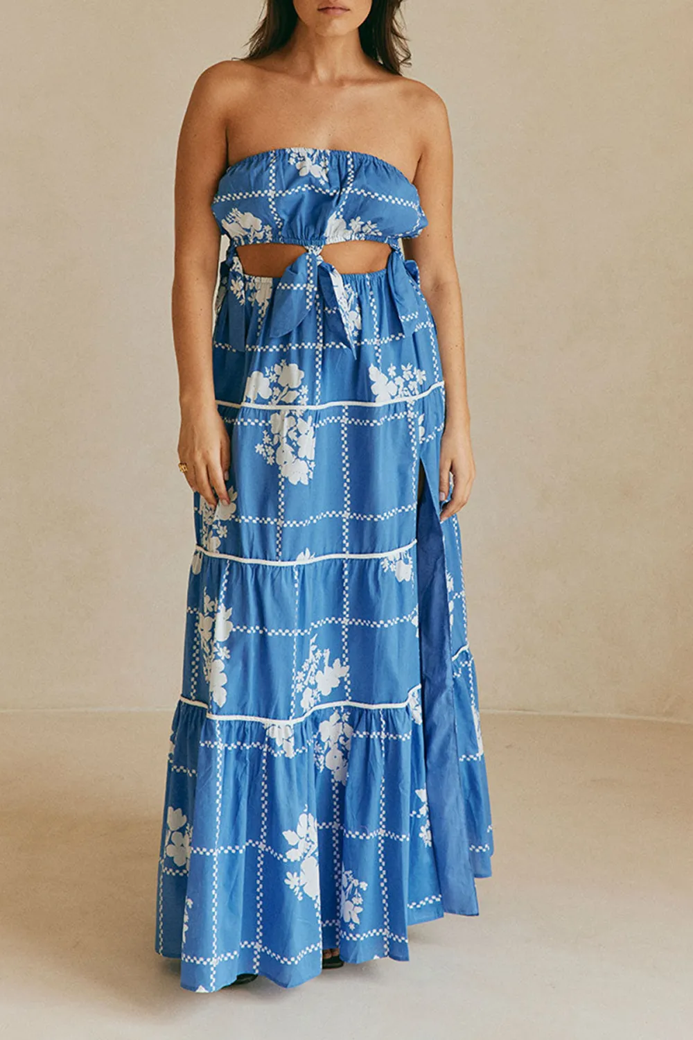 Strapless Tiered Floral Print Maxi Dress