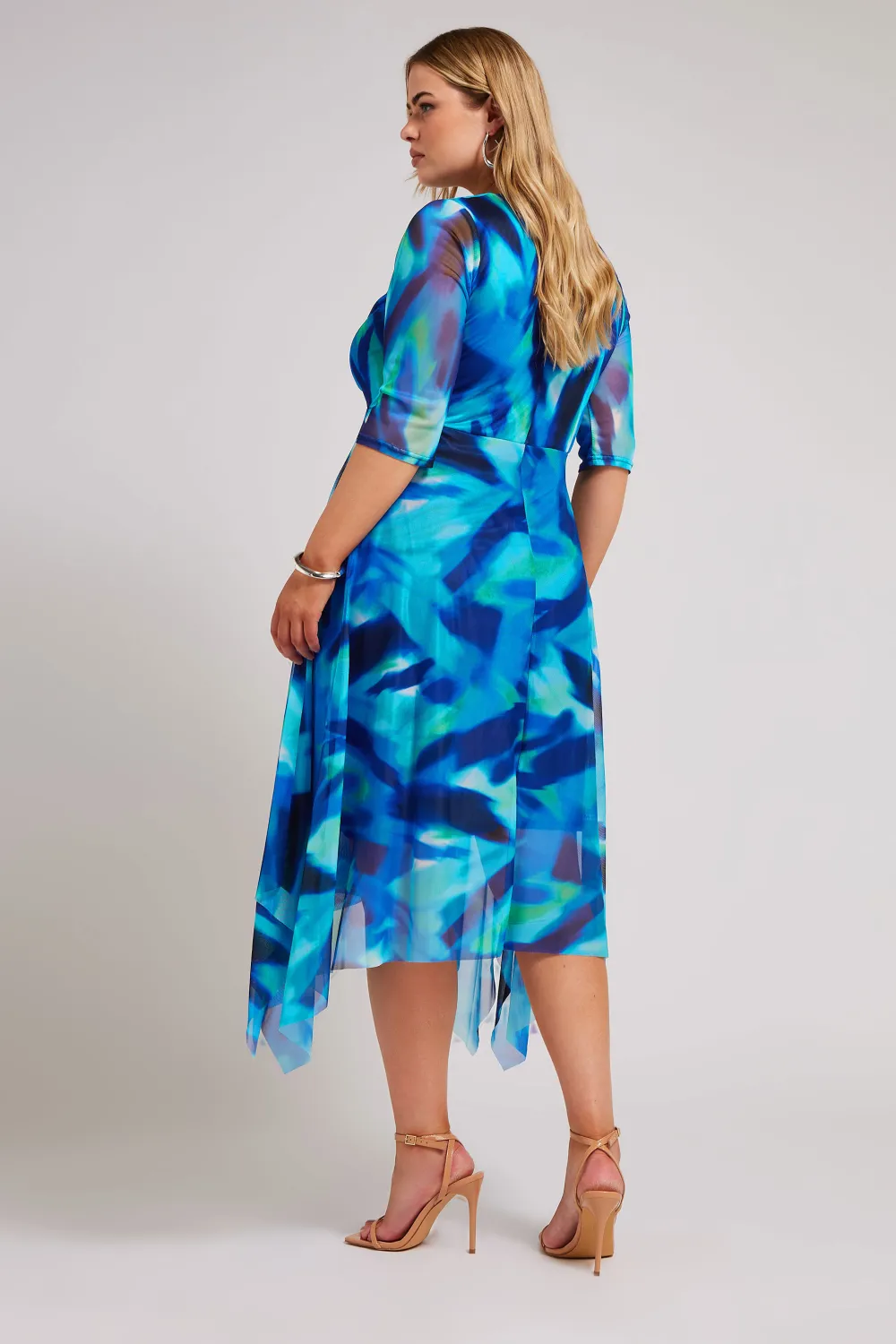 YOURS LONDON Curve Blue Abstract Print Wrap Mesh Dress