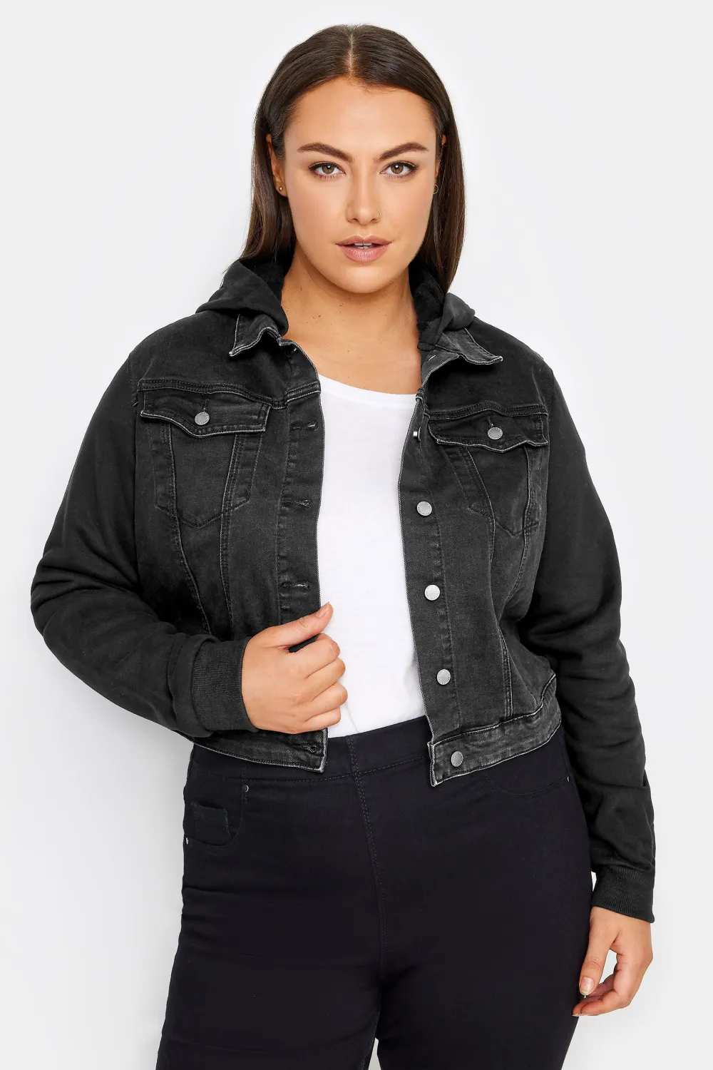 Evans Black Denim Mix Hooded Jacket