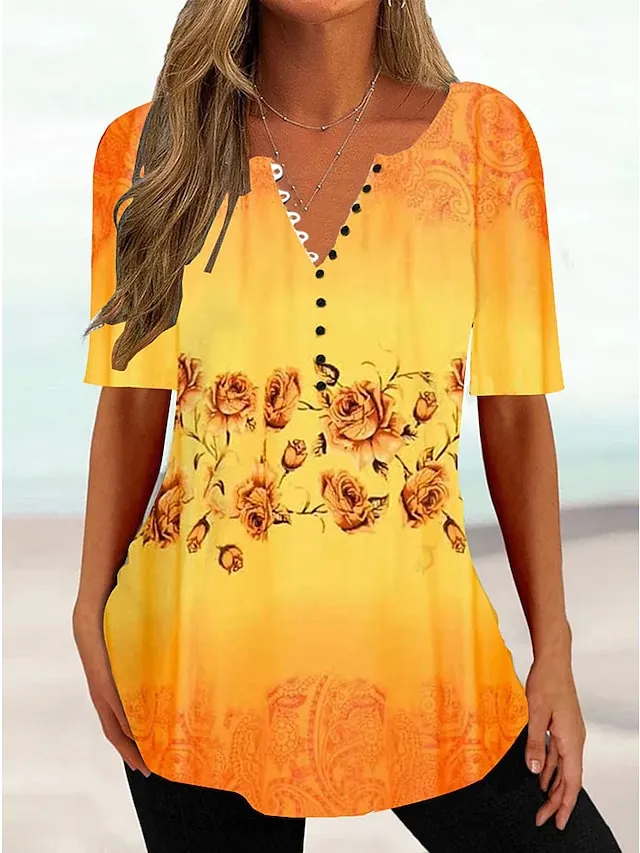 Women's T shirt Tee White Yellow Light Green Floral Button Print Short Sleeve Holiday Weekend Tunic Basic Round Neck Regular Fit Floral Painting