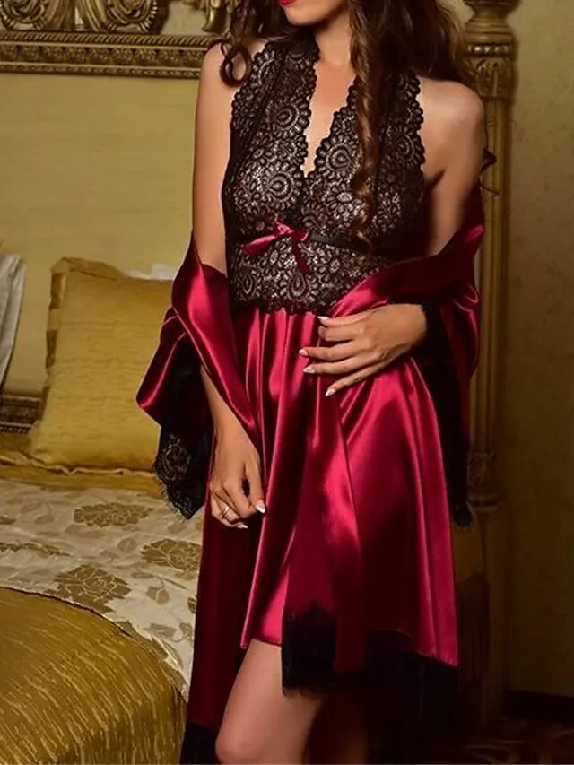 Women's Pajamas Sets 2 Pieces Patchwork Fashion Comfort Soft Home Xmas Daily Bed Lace Breathable V Wire Long Sleeve Pant Fall Winter Black Wine