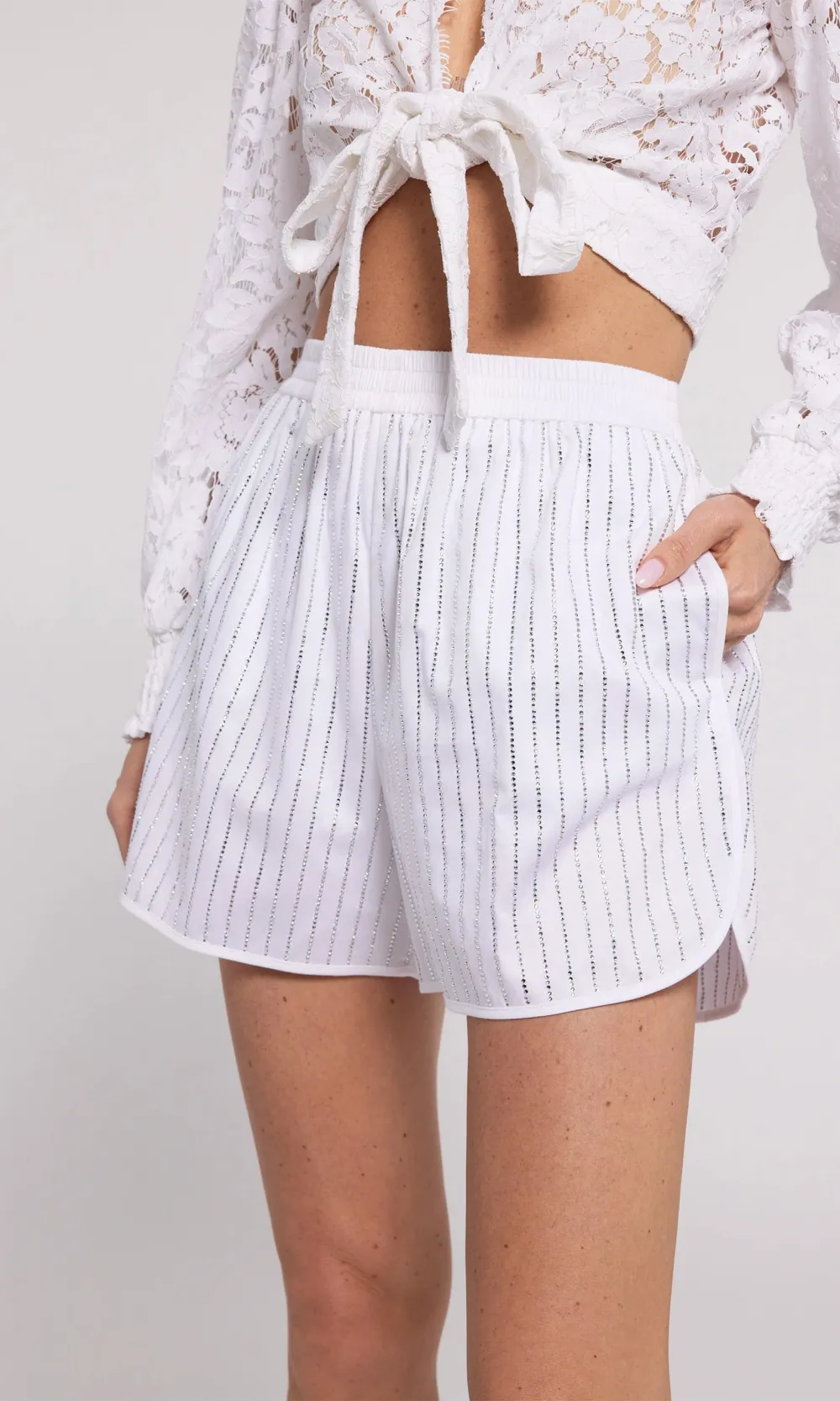 White Striped Crystal Shorts