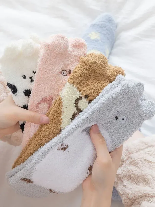 Cat Dog Pika Pet Cute Shape Thickened Warm Coral Fleece Floor Socks