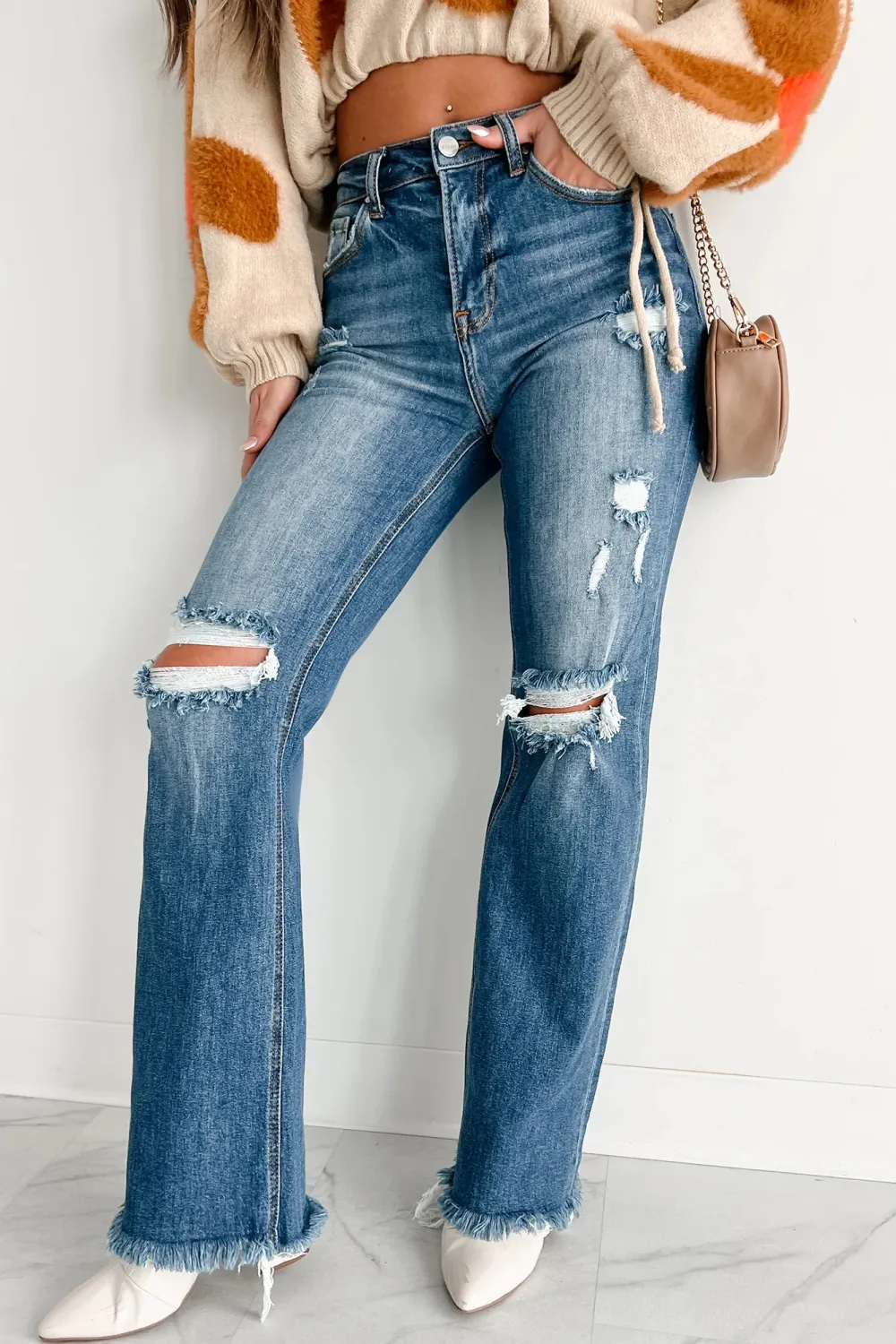 High Rise Distressed Risen Straight Leg Jeans