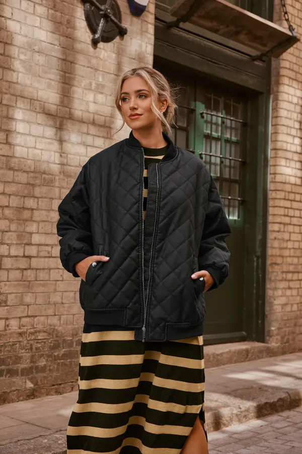YOURS Curve Black Quilted Faux Leather Bomber Jacket