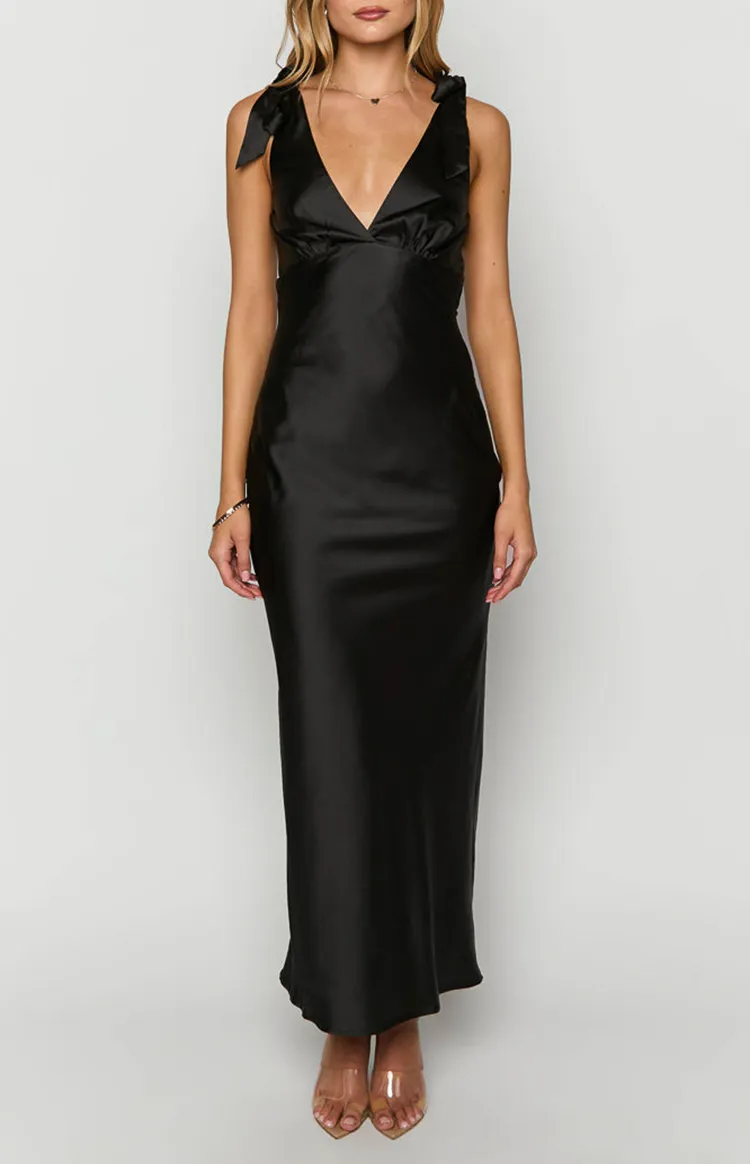 V-Neck Black Satin Maxi Dress