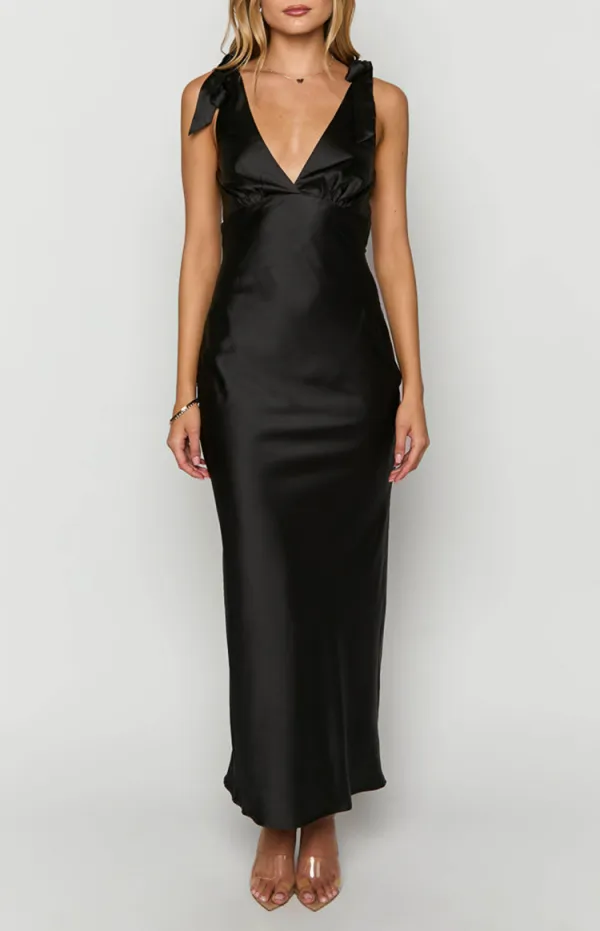 V-Neck Black Satin Maxi Dress