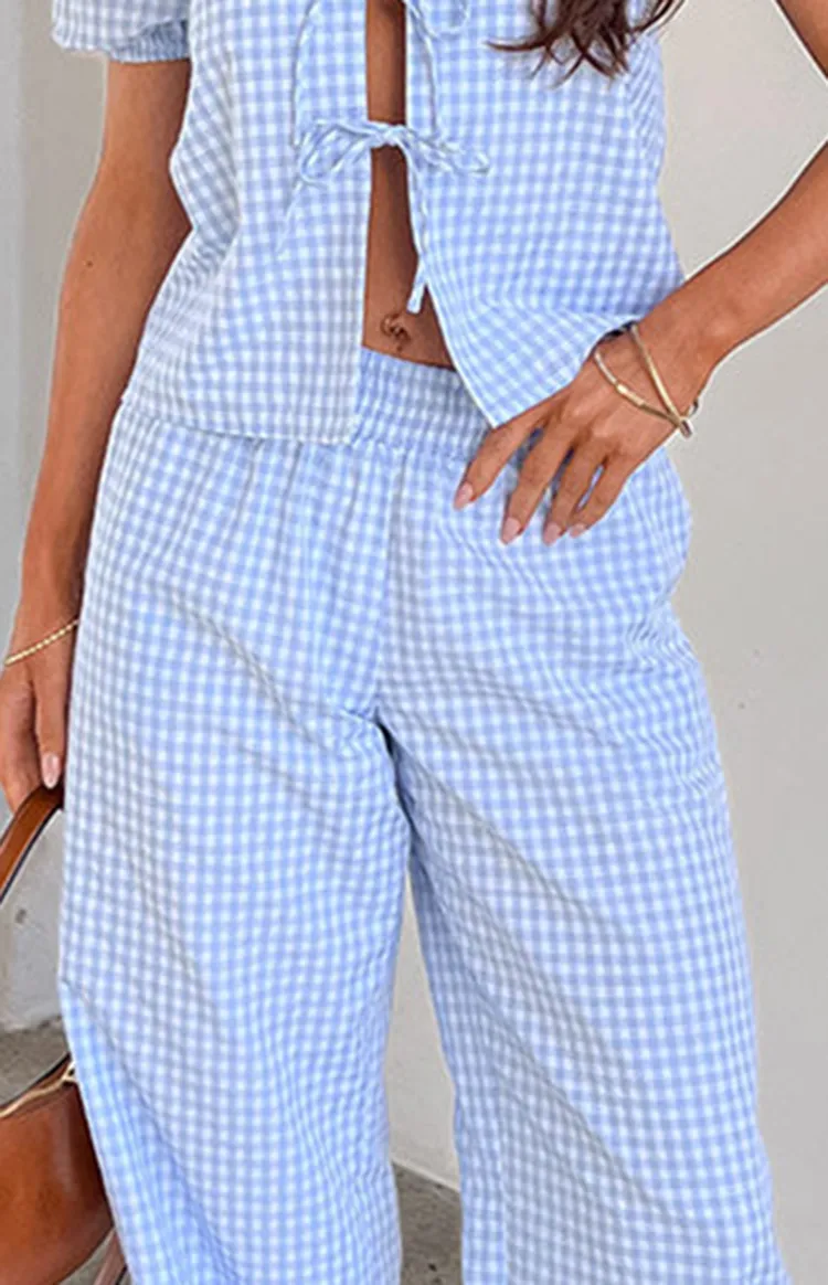 Light Blue Gingham Wide Leg Pants