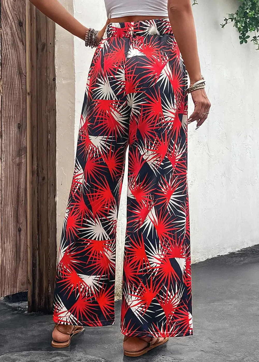 Red Lightweight Leaf Print Elastic Waist Pants