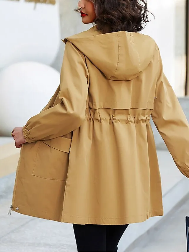 Women's Trench Coat Fall Outdoor Zipper Plain Breathable Streetwear Regular Fit Outerwear Long Sleeve Black M