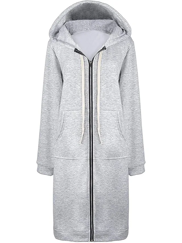 Women's Casual Jacket Fall Windproof Hoodie Jacket with Pockets Casual Workout Regular Long Coat Warm Stylish Long Sleeve Plain Black Pink Wine Sport Street