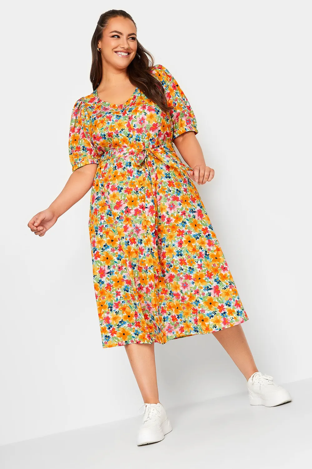 YOURS Curve Orange Sweetheart Neckline Floral Print Tea Dress