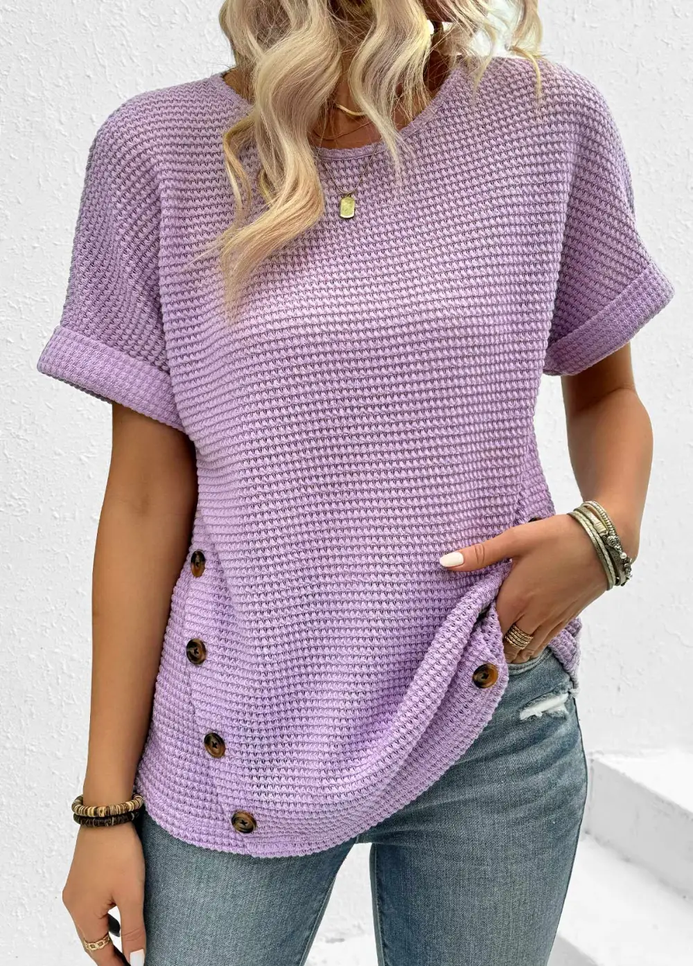 Light Purple Button Short Sleeve Round Neck T Shirt