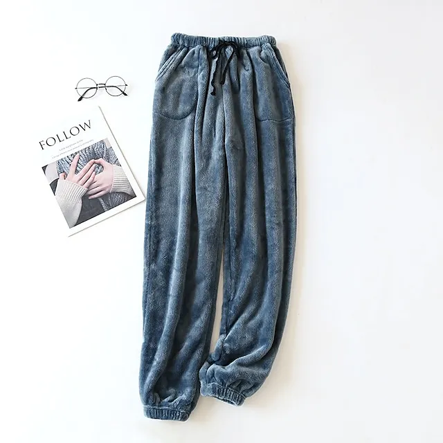 Women's Fleece Fluffy Fuzzy Warm Pajamas Pants Pjs Pure Color Simple Comfort Plush Home Daily Bed Gift Long Pant Elastic Waist Winter Fall Black Blue