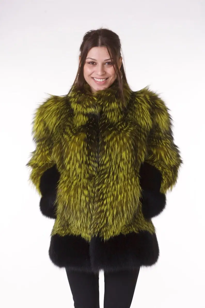 Lime Green and Black Fox Fur Coat Women’s