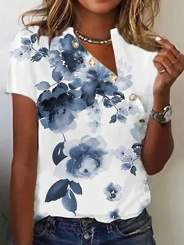 Women's T shirt Tee Floral Holiday Weekend Blue Button Cut Out Print Short Sleeve Basic V Neck Regular Fit
