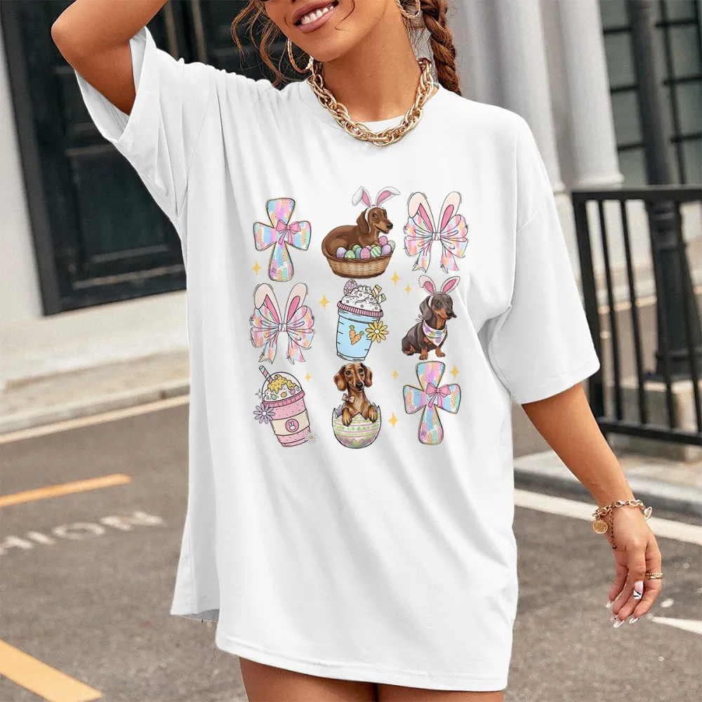 Easter Cross Dog Eggs Printed Round Neck Short Sleeve T-Shirt