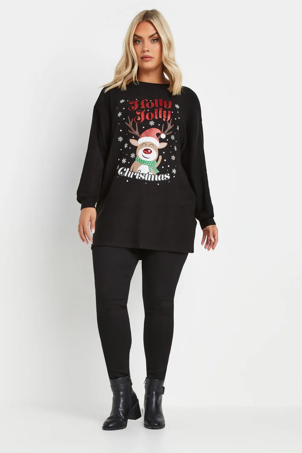 YOURS Curve Black Reindeer Novelty Christmas Jumper