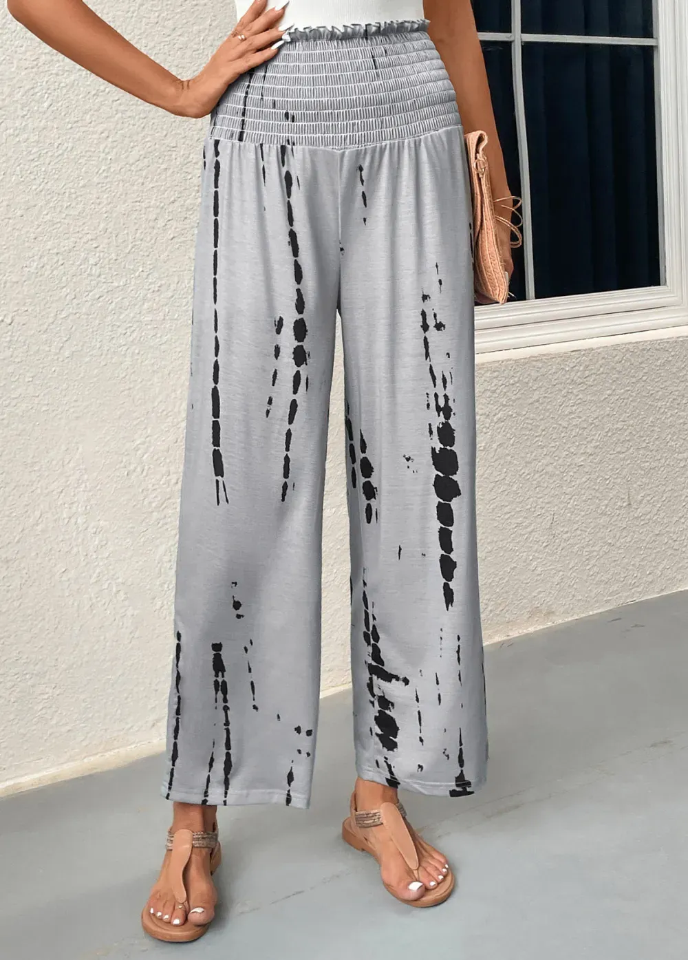Grey Smocked Graffiti Print Elastic Waist Pants