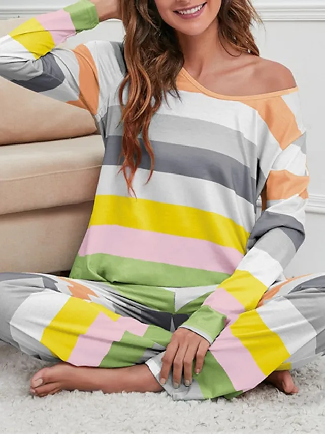 Women's Pajamas Nighty Pjs Sets 2 Pieces Rainbow Stripe Fashion Comfort Soft Home Daily Bed Cotton Breathable V Wire Long Sleeve T shirt Tee Pant Spring Fall Yellow Blue