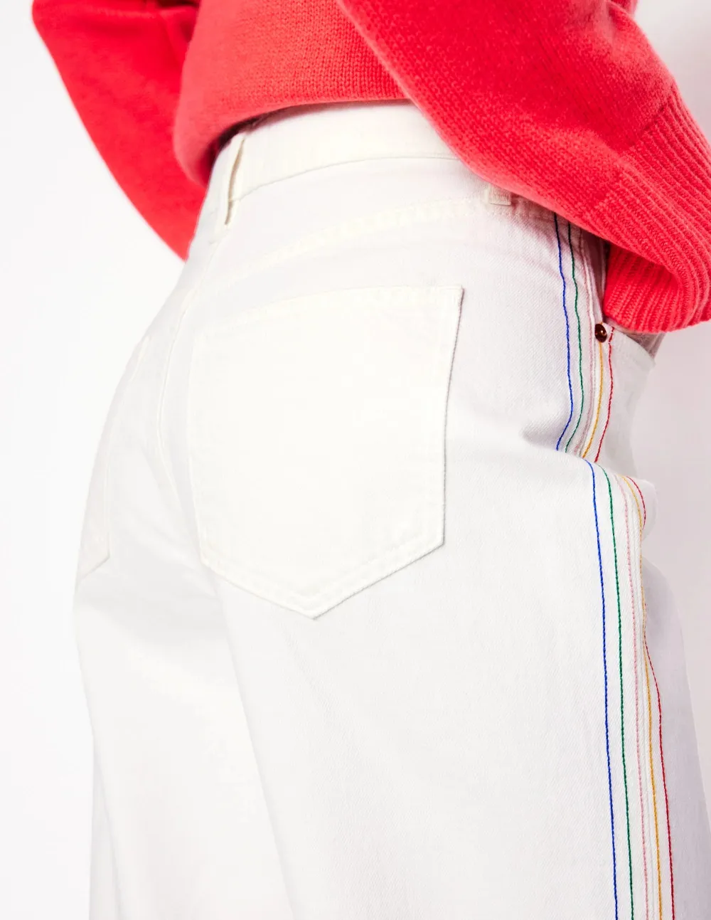 High Rise Straight Crop Jeans -Off White w/ Embroidery