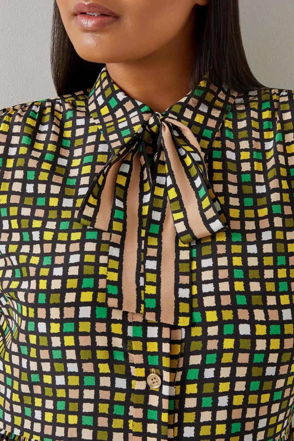 Green Checkered Tie Neck Two Tone Dress