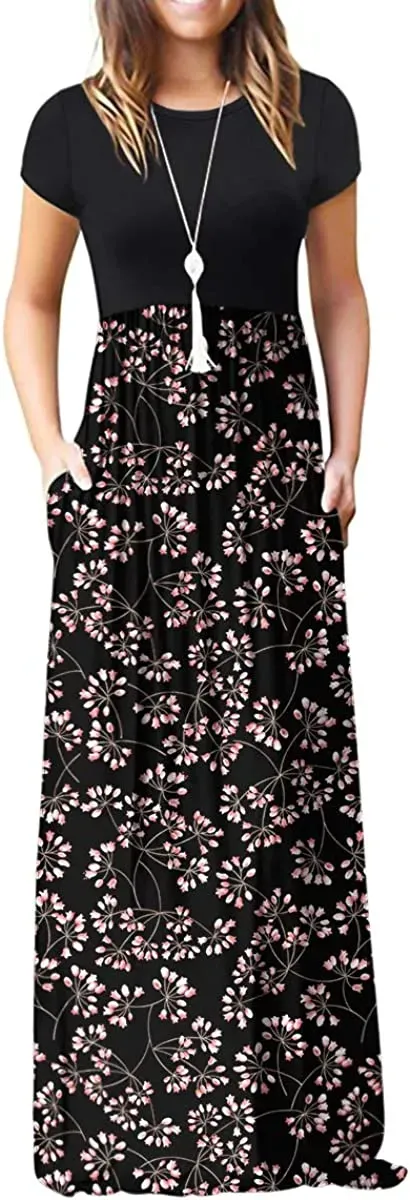 Women's Short Sleeve Loose Plain Maxi Dresses Casual Long Dresses with Pockets