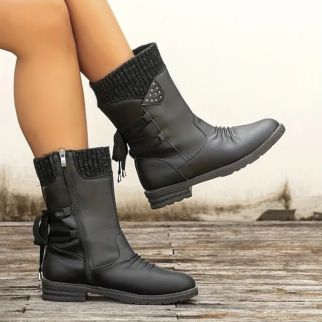 Women's Boots Snow Boots Sweater Boots Plus Size Outdoor Daily Mid Calf Boots Winter Lace-up Flat Heel Round Toe Casual Faux Leather Zipper Black Red Blue