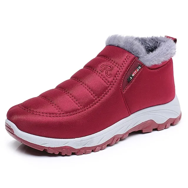 Women's Sneakers Boots Snow Boots Plus Size Hiking Boots Daily Fleece Lined Booties Ankle Boots Winter Wedge Heel Round Toe Fashion Cute Plush Hiking Satin Loafer Solid Color Wine Black