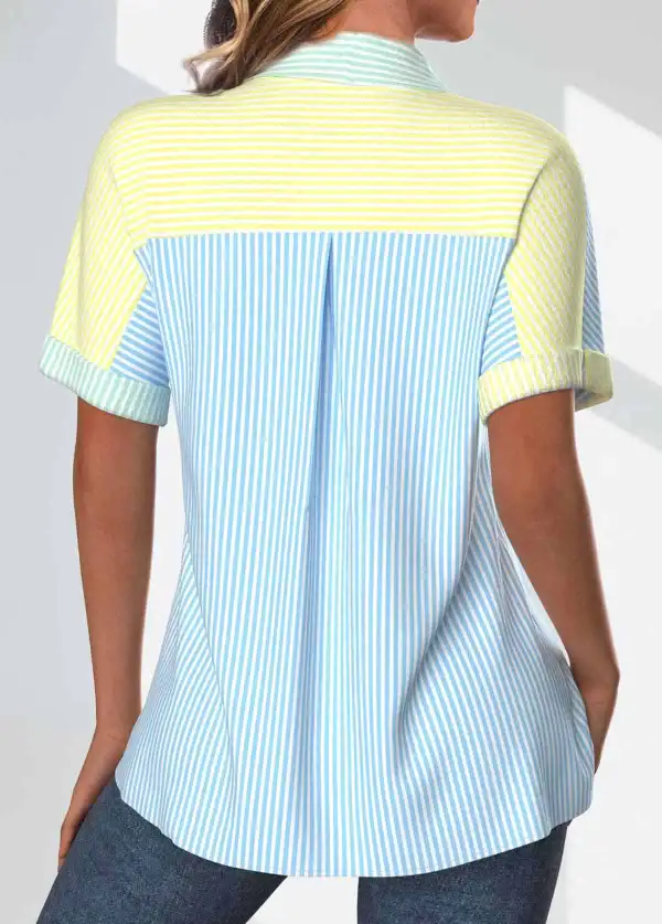 Rainbow Color Patchwork Striped Short Sleeve Shirt Collar Blouse