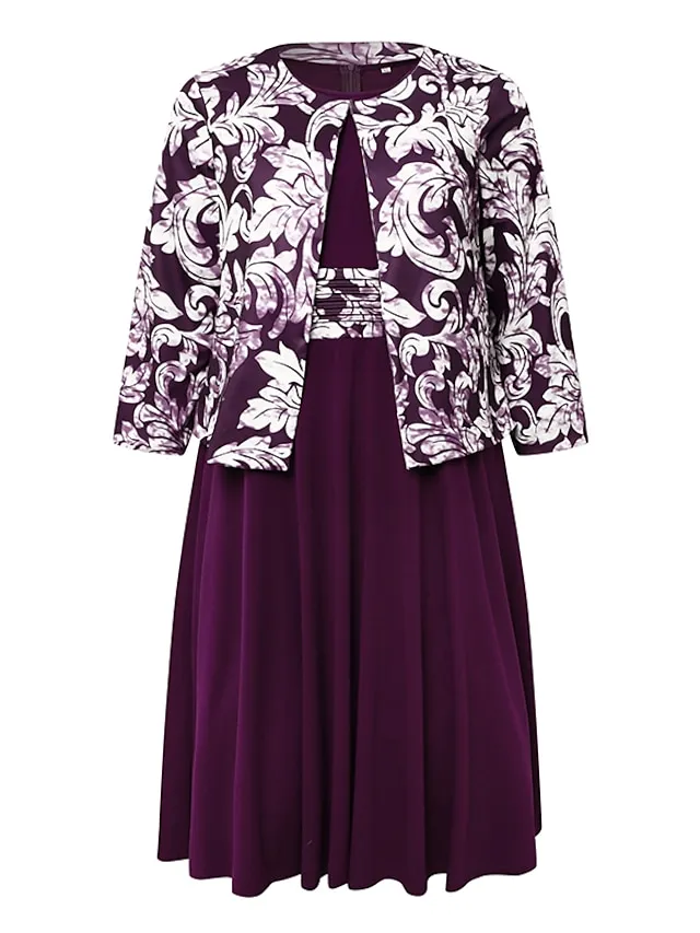 Women‘s Plus Size Curve Dress Set Print Crew Neck Long Sleeve Spring Fall Elegant Maxi long Dress Formal Party Dress