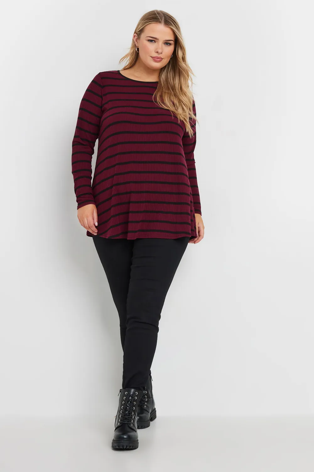 YOURS Curve Black Long Sleeve Ribbed Swing Top