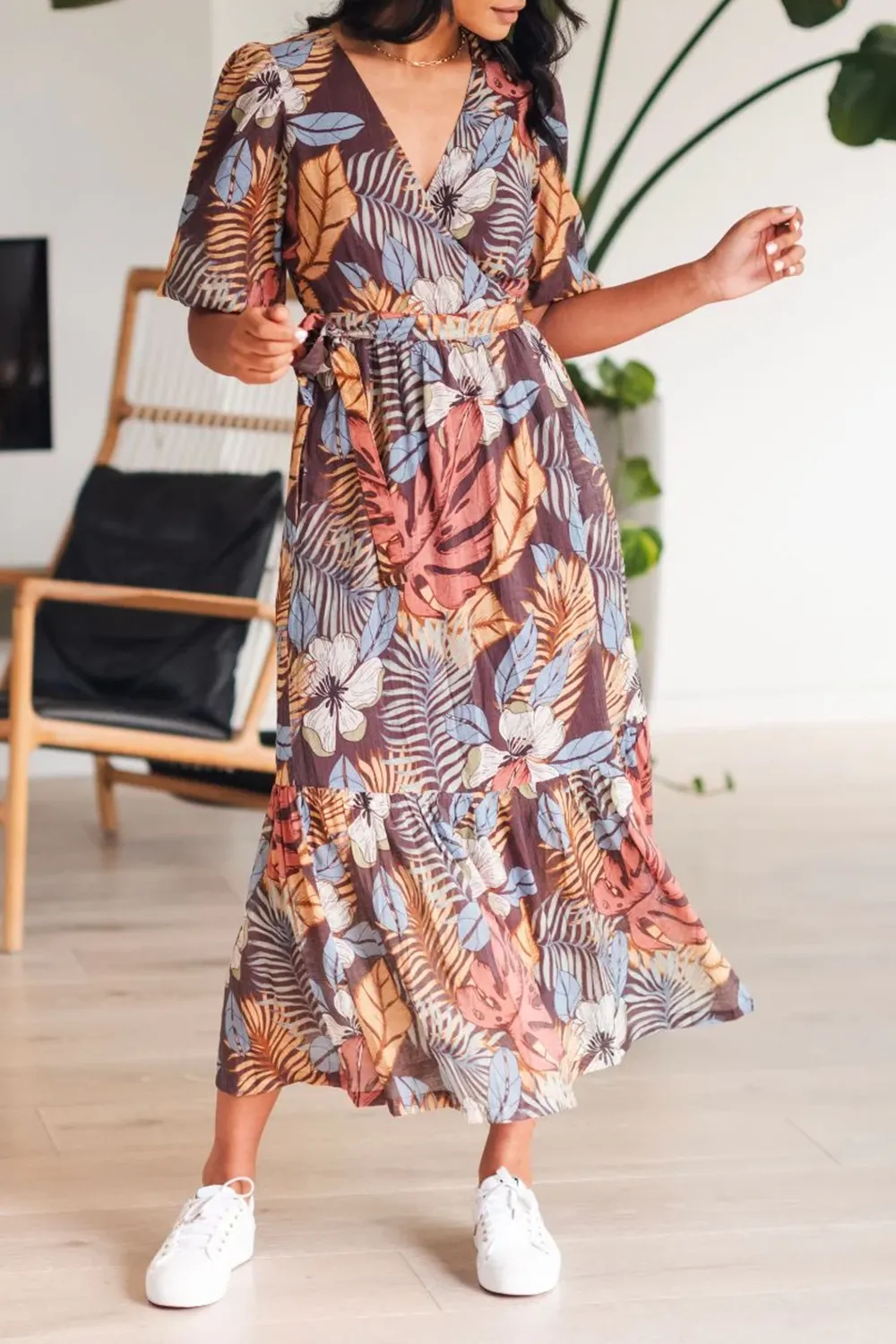 Ocean Tropical Print Wrap Midi Dress