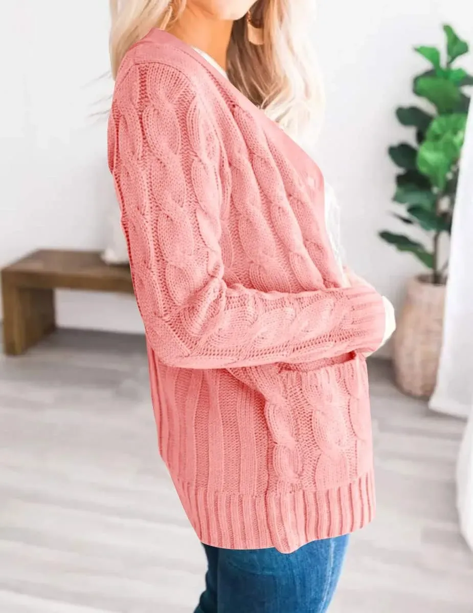 MEROKEETY Women's 2024 Fall Long Sleeve Cable Knit Sweater Open Front Cardigan Button Loose Outerwear
