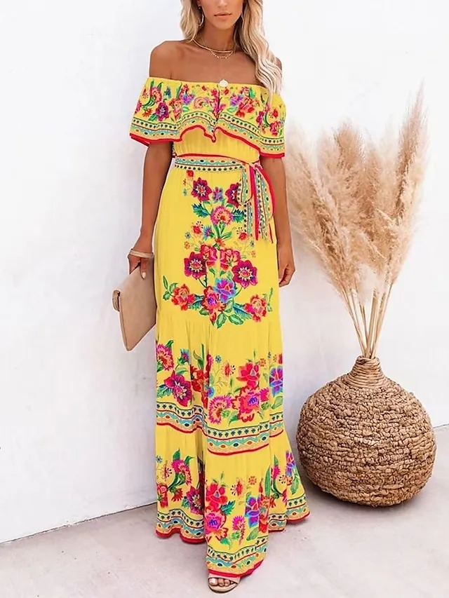 Women's Swing Dress Boho Dress Long Dress Maxi Dress Black White Yellow Short Sleeve Floral Cold Shoulder Summer Spring Off Shoulder Romantic Vacation Summer Dress Spring Dress Regular Fit 2023 S M L