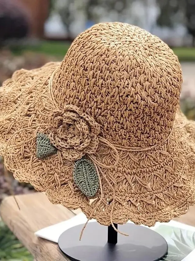 1pcs Trendy Flower Crochet Straw Hat Elegant Solid Color Ruffle Sun Hats Classic Foldable Summer Travel Beach Hats For Women Girls