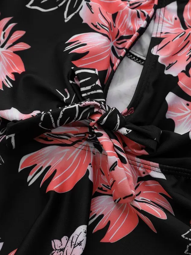 Vacation Floral Printing V Neck Tankinis Two-Piece Set