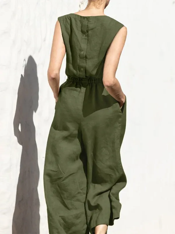 Simple Sleeveless Wide Leg Elasticity Solid Color Round-Neck Jumpsuits