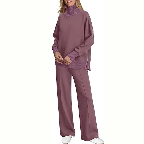 Women's 2-Piece Lounge Set 🧶 | Cozy Knit Turtleneck Top & Matching Pants Outfit