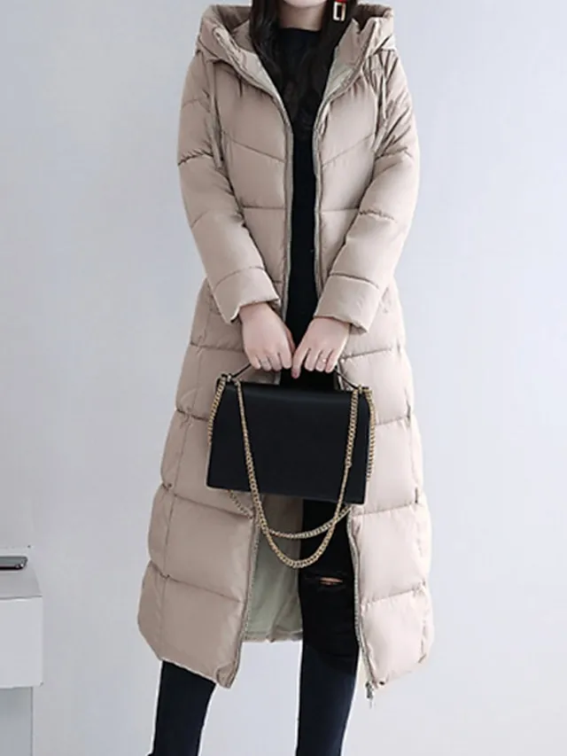 Women's Puffer Jacket Winter Jacket Winter Coat Hoodie Jacket Street Daily Valentine's Day Fall Winter Long Coat Regular Fit Warm Breathable Casual Jacket Long Sleeve Solid Color Full Zip Black Dusty